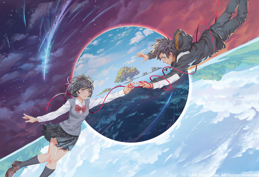 miyamizu mitsuha and tachibana taki (kimi no na wa.) drawn by jet_kimchrea