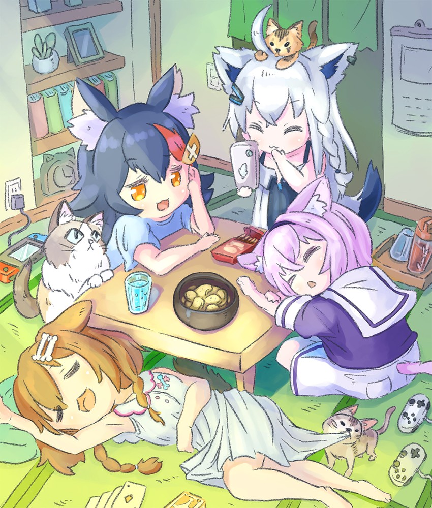 shirakami fubuki, nekomata okayu, ookami mio, inugami korone, taiga, and 1 more (hololive) drawn by yunra665