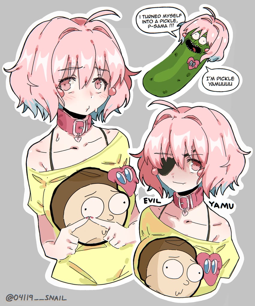 yumemi riamu, rick sanchez, morty smith, and pickle rick (idolmaster and 2 more) drawn by snale