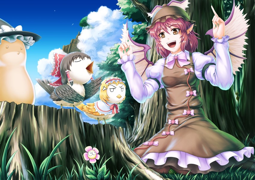 hakurei reimu, kirisame marisa, alice margatroid, and mystia lorelei (touhou) drawn by nazal