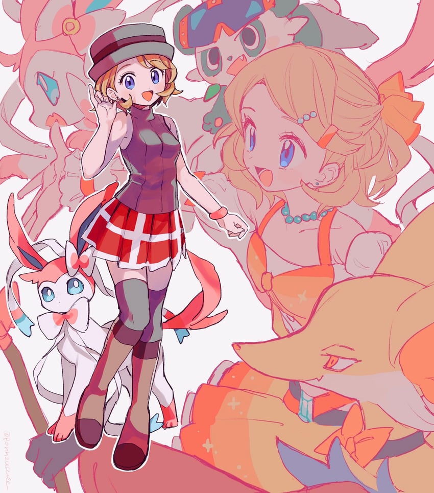 serena, sylveon, delphox, and pancham (pokemon and 1 more) drawn by amezawa_koma