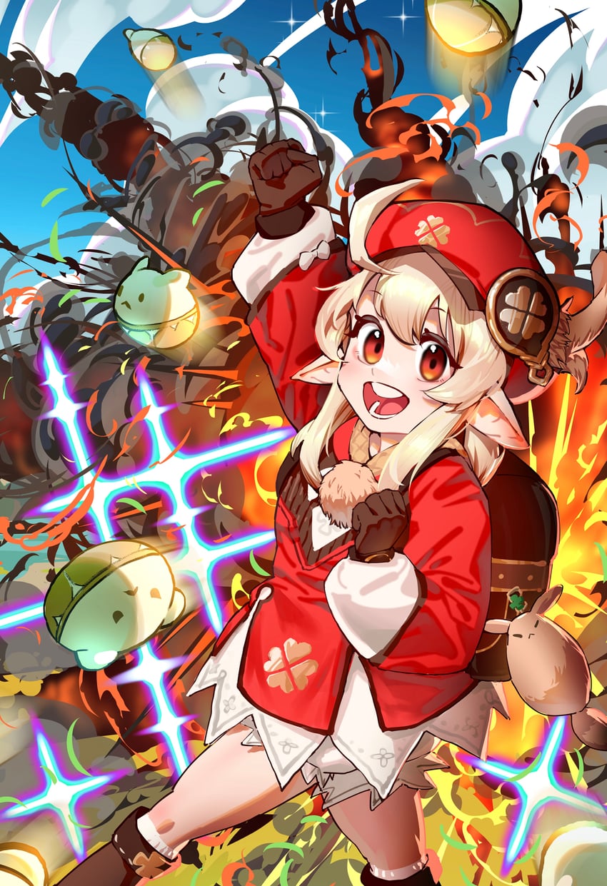 klee, dodoco, and jumpy dumpty (genshin impact) drawn by kuriki_art