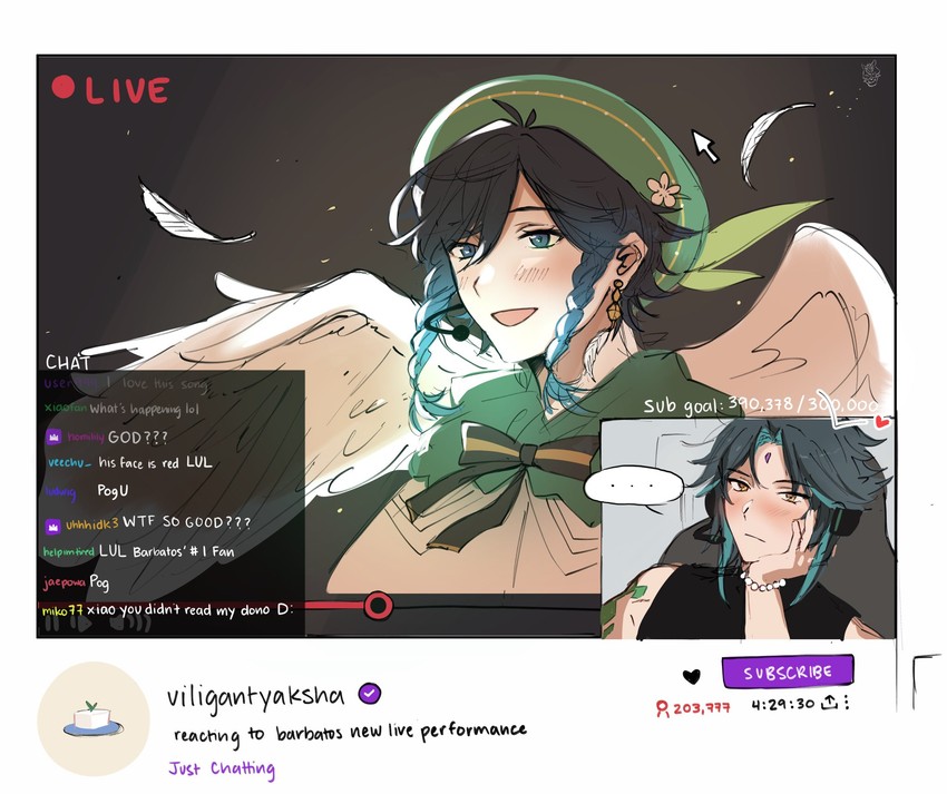venti and xiao (genshin impact and 1 more) drawn by homilily