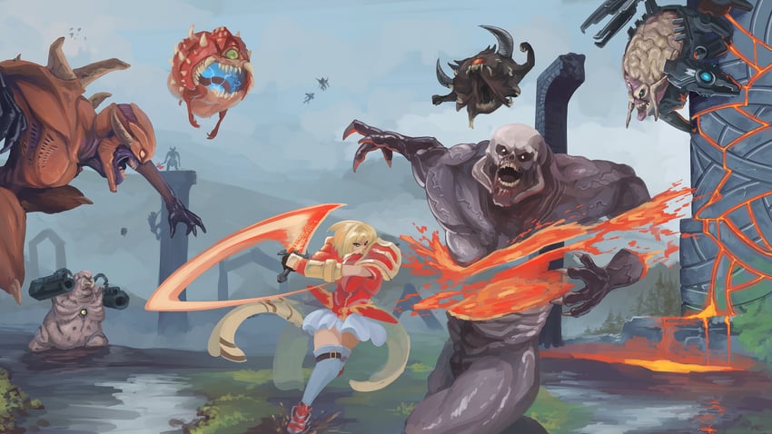 cacodemon, amelia, pain elemental, marauder, mancubus, and 2 more (fire emblem and 3 more) drawn by vinegarjar