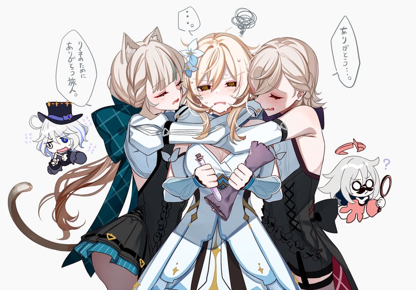 lumine, furina, paimon, lynette, and lyney (genshin impact) drawn by gel_(nukoleg)