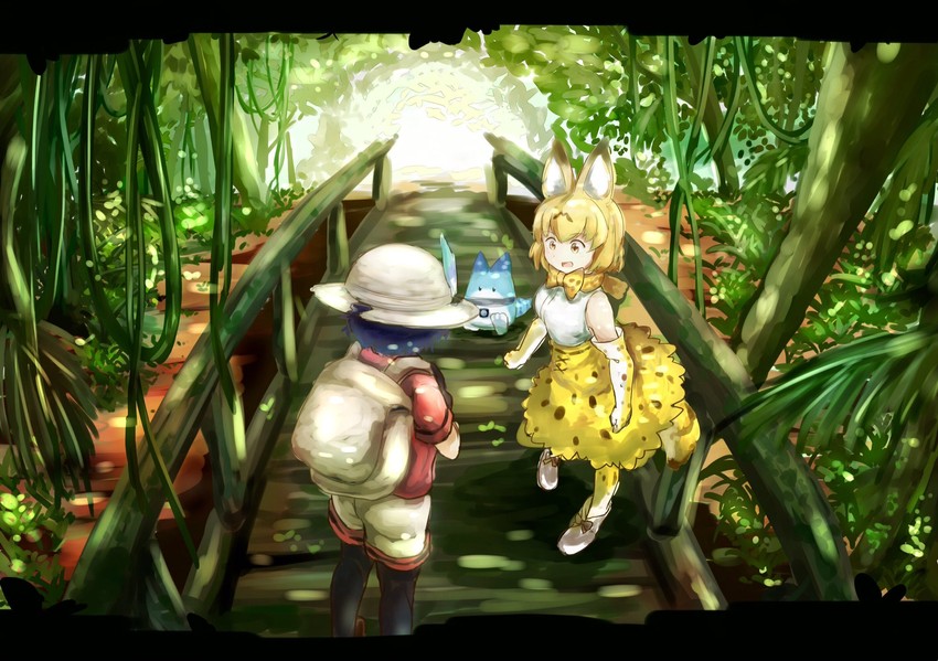 serval, kaban, and lucky beast (kemono friends) drawn by tamiku_(shisyamo609)