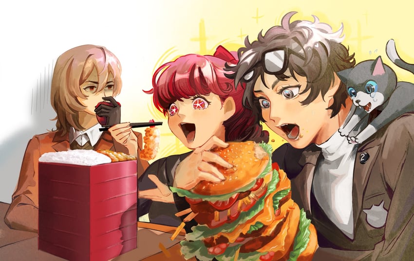 amamiya ren, yoshizawa kasumi, akechi gorou, and morgana (persona and 2 more) drawn by depressodium