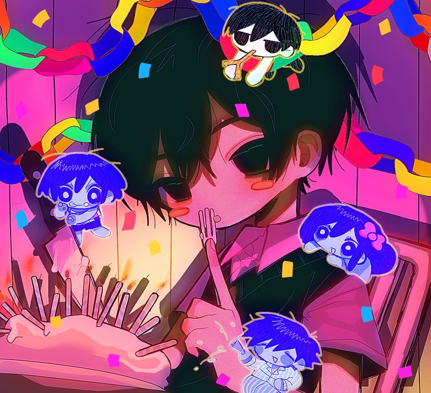 sunny, omori, aubrey, kel, and hero (omori) drawn by kobanzame_omo