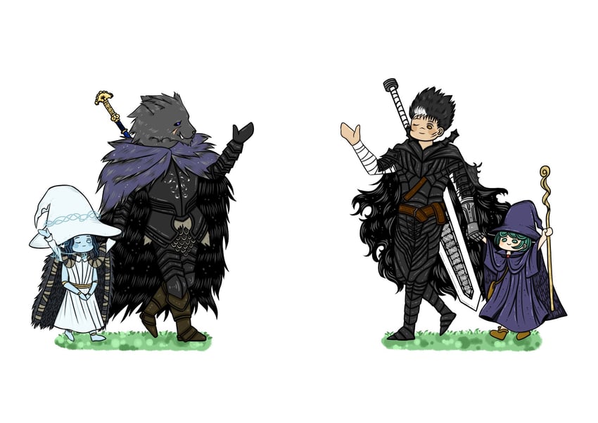 ranni the witch, guts, blaidd the half-wolf, and schierke (elden ring and 1 more) drawn by jowan_tarts