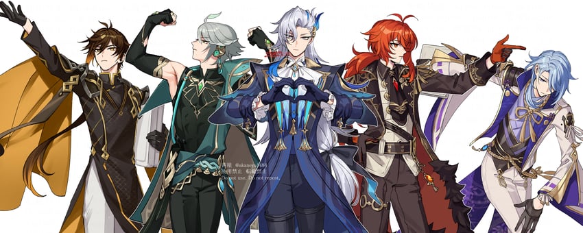 zhongli, diluc, alhaitham, neuvillette, and kamisato ayato (genshin impact) drawn by ojo_aa