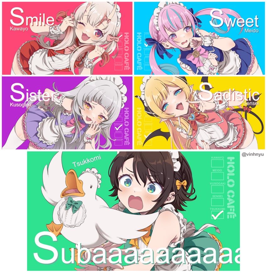 minato aqua, oozora subaru, murasaki shion, nakiri ayame, and yuzuki choco (hololive and 1 more) drawn by vinhnyu