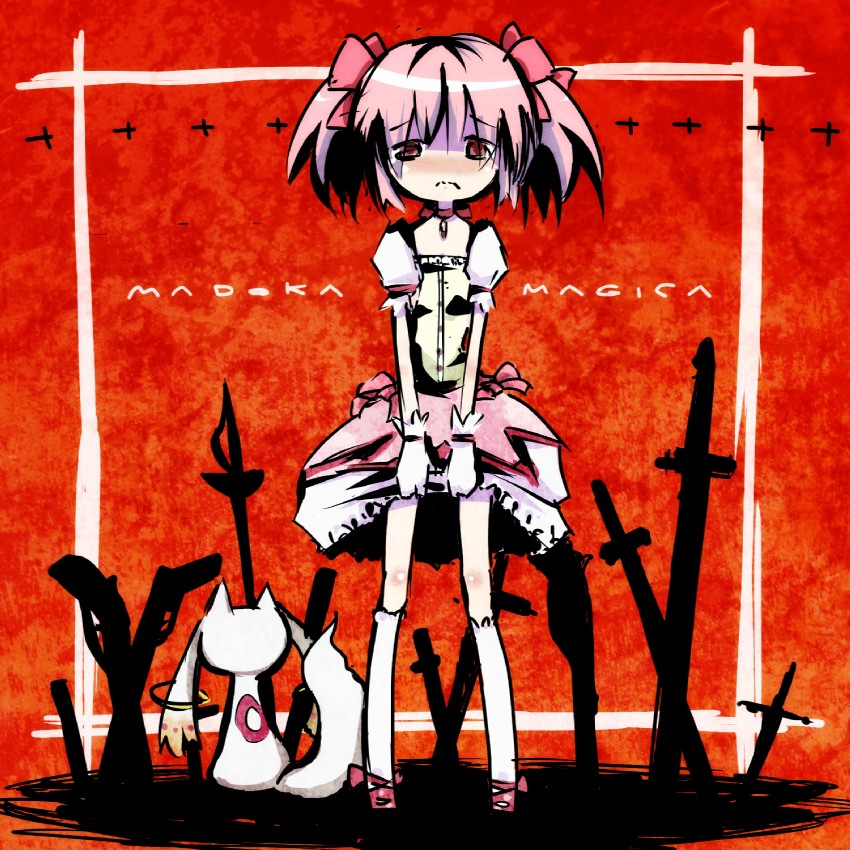 kaname madoka and kyubey (mahou shoujo madoka magica) drawn by mot_(anticycle)