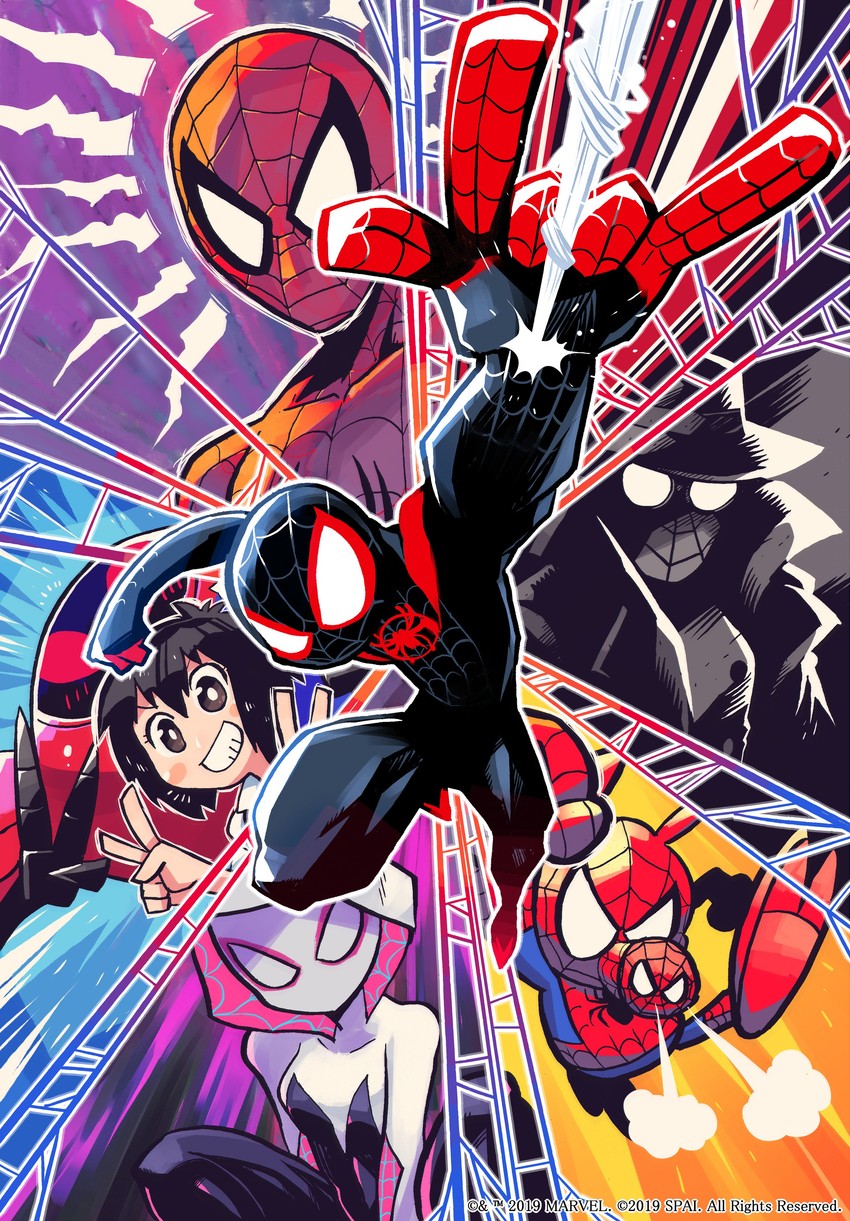 spider-man, spider-gwen, peni parker, miles morales, sp//dr, and 2 more (marvel and 3 more) drawn by rariatto_(ganguri)