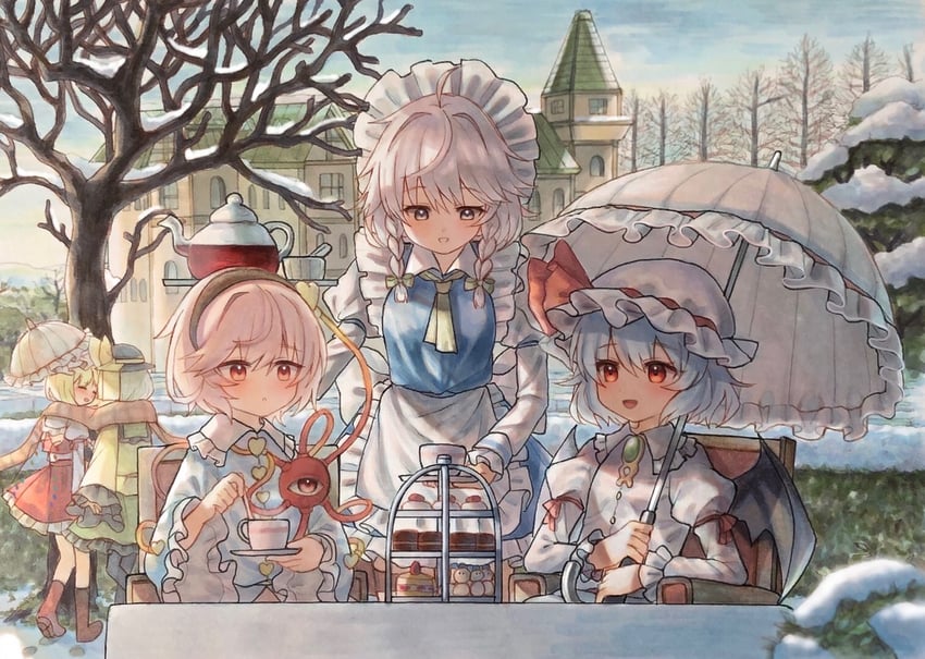 remilia scarlet, flandre scarlet, izayoi sakuya, komeiji koishi, and komeiji satori (touhou) drawn by hisako_(6anmbblfnjueeff)