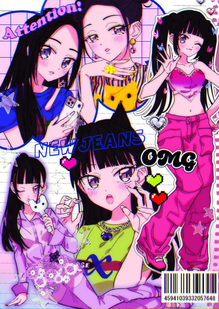 haerin, hanni, minji, hyein, and danielle (real life and 1 more) drawn by himitsu_(iemaki)