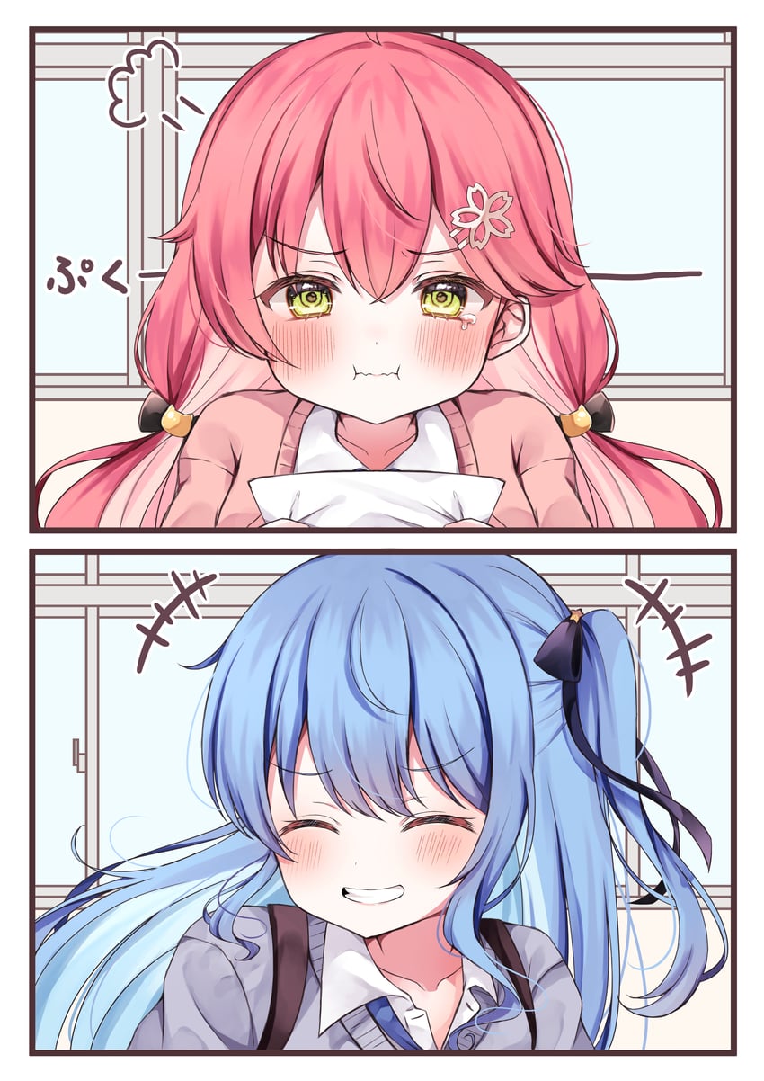 hoshimachi suisei and sakura miko (hololive and 1 more) drawn by yomomaru