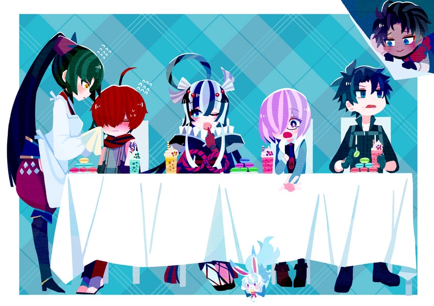 mash kyrielight, fujimaru ritsuka, fou, katou danzou, fuuma kotarou, and 2 more (fate and 1 more) drawn by waniyama1993