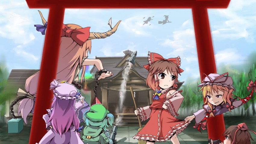 hakurei reimu, kirisame marisa, alice margatroid, patchouli knowledge, yakumo yukari, and 3 more (touhou and 1 more) drawn by sanuki_(zigzagflamberge)