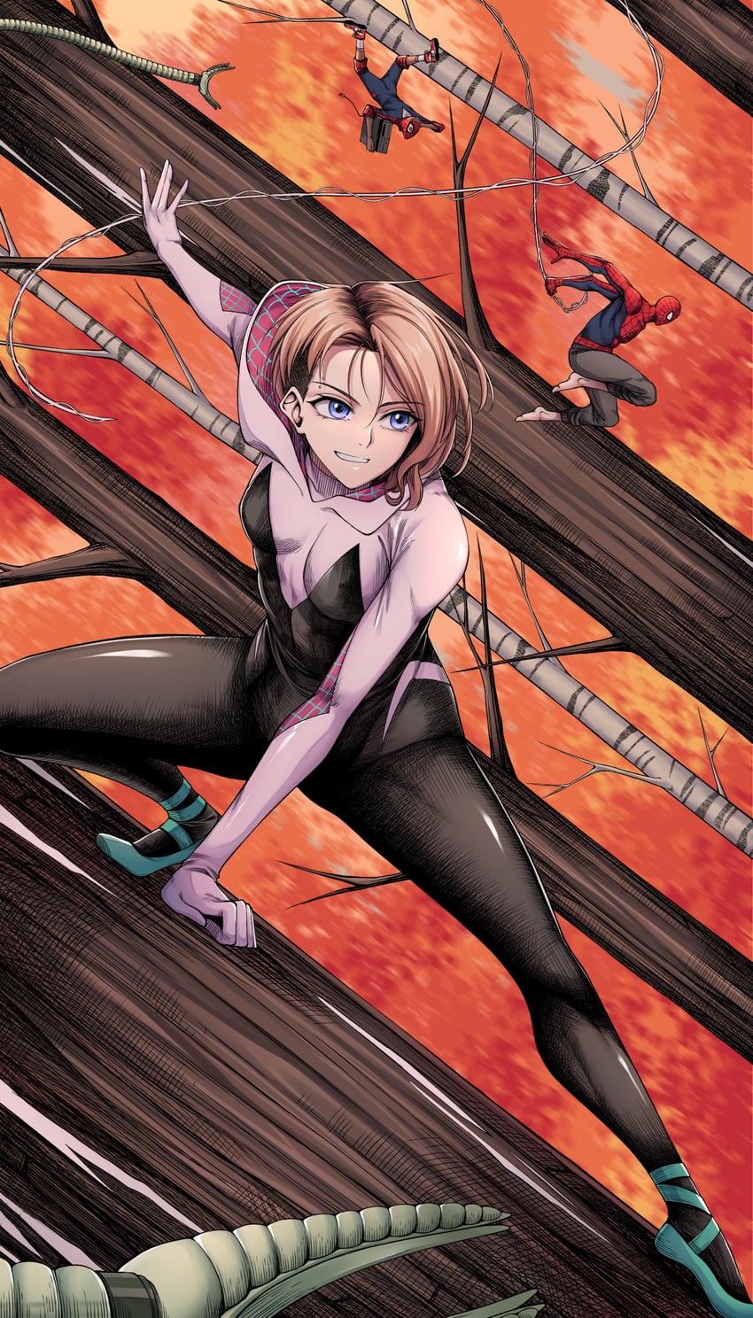 spider-man, spider-gwen, gwen stacy, miles morales, and peter b parker (marvel and 4 more) drawn by yugo_(yugotme97)