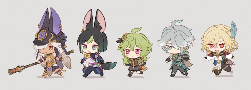 alhaitham, tighnari, kaveh, cyno, and collei (genshin impact) drawn by soto