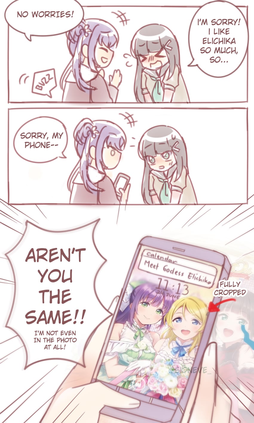 ayase eli, otomune kozue, and kurosawa dia (love live! and 4 more) drawn by sioneve