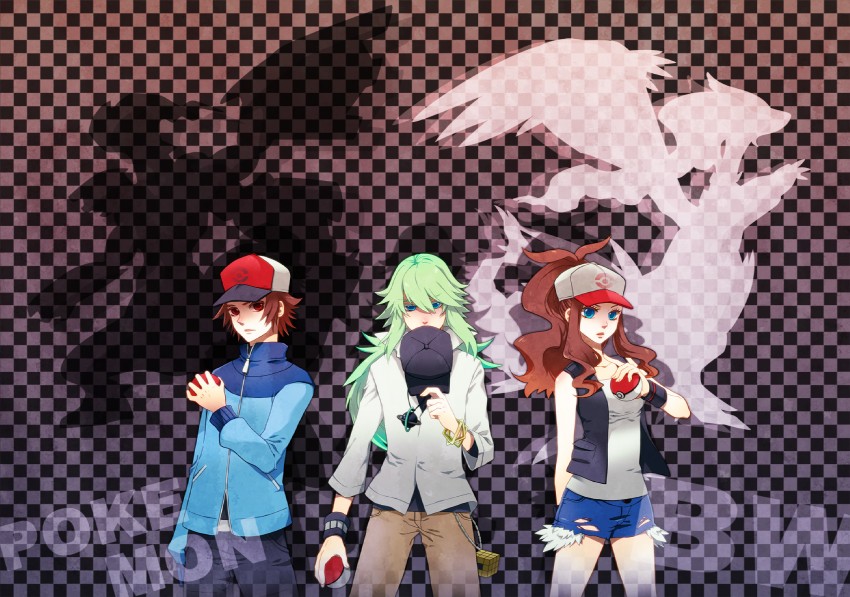 hilda, hilbert, n, reshiram, and zekrom (pokemon and 1 more) drawn by ll7ell