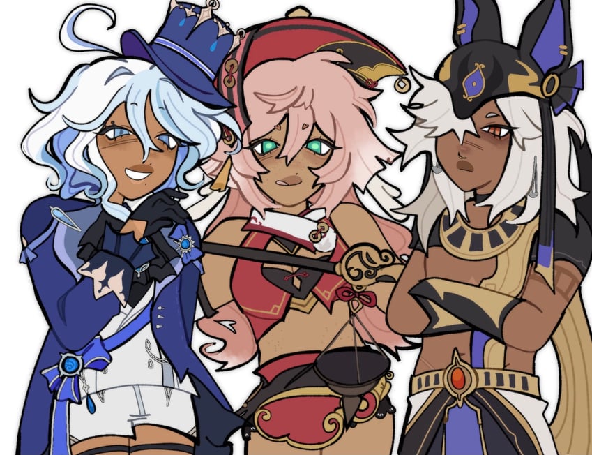 furina, cyno, and yanfei (genshin impact) drawn by heaven_(blkventi)