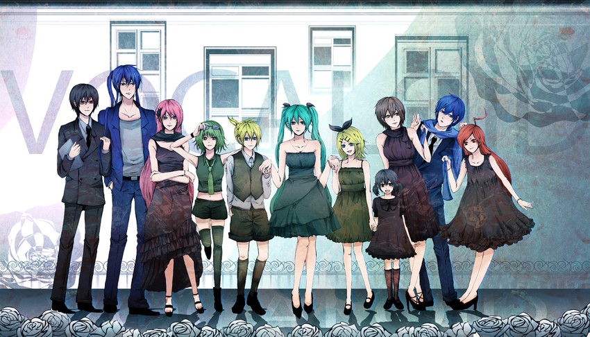 hatsune miku, kagamine rin, kagamine len, megurine luka, kaito, and 6 more (vocaloid) drawn by mugi_(koikoikoi)