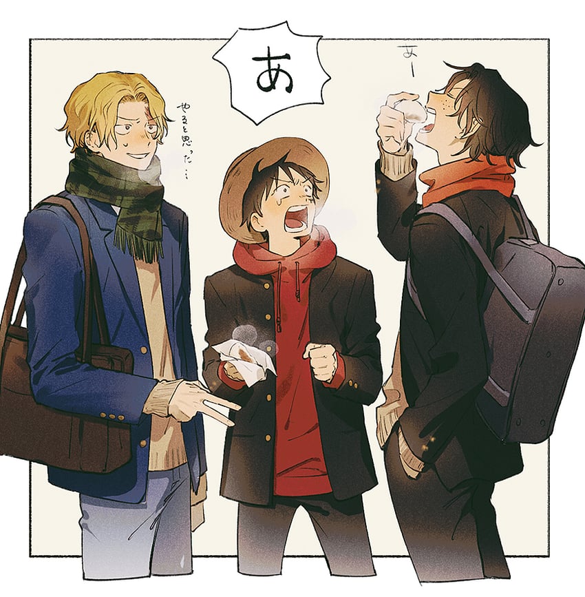 monkey d. luffy, portgas d. ace, and sabo (one piece) drawn by kamome_(penguin_n)