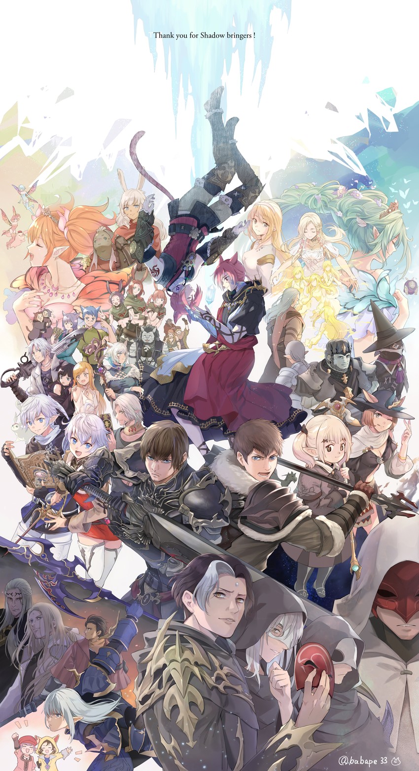 warrior of light, y'shtola rhul, g'raha tia, adventurer, emet-selch, and 36 more (final fantasy and 1 more) drawn by babape