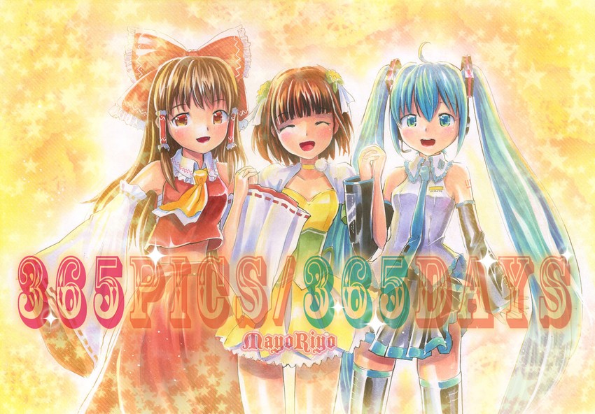 hatsune miku, hakurei reimu, and amami haruka (touhou and 3 more) drawn by mayo_riyo