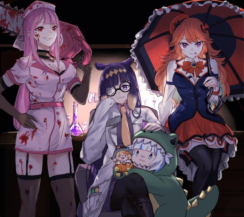 gawr gura, mori calliope, ninomae ina'nis, takanashi kiara, watson amelia, and 1 more (hololive and 1 more) drawn by yuuyu_(777)
