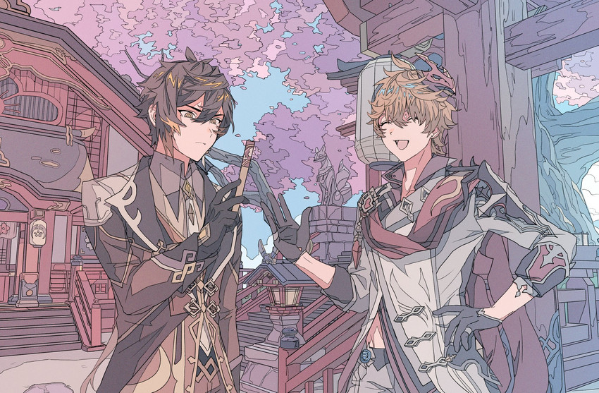 zhongli and tartaglia (genshin impact) drawn by ryong_hujoking