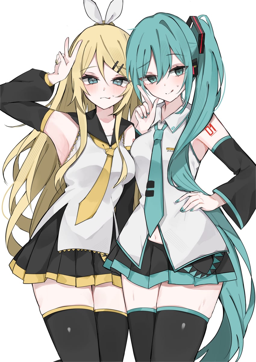 hatsune miku and kagamine rin (vocaloid and 1 more) drawn by waimoniku