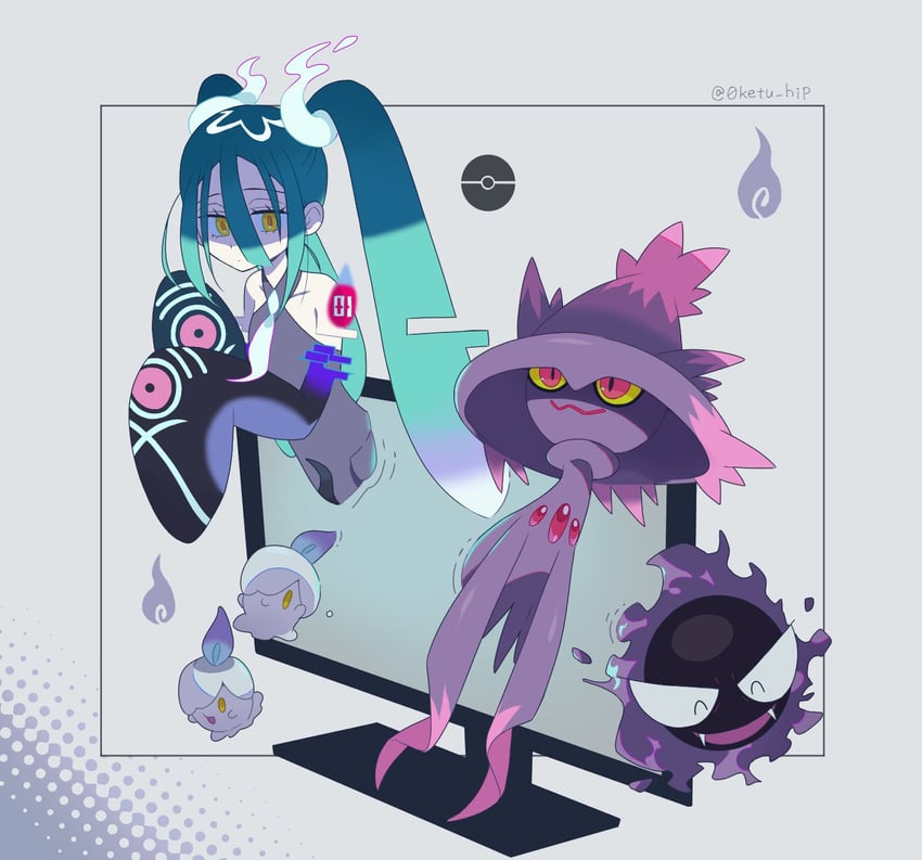 hatsune miku, litwick, gastly, mismagius, and ghost miku (pokemon and 2 more) drawn by kokiya