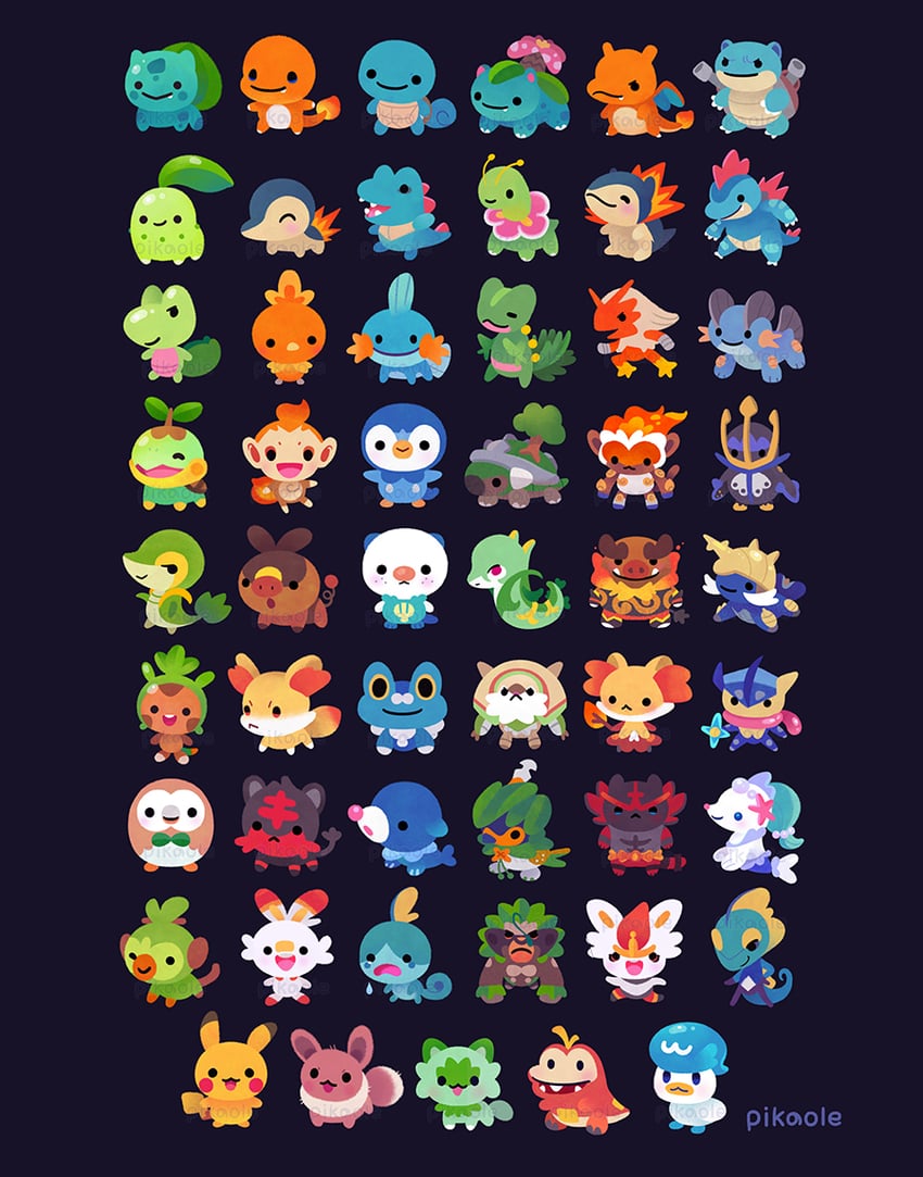 pikachu, eevee, rowlet, charizard, piplup, and 48 more (pokemon) drawn by pikaole