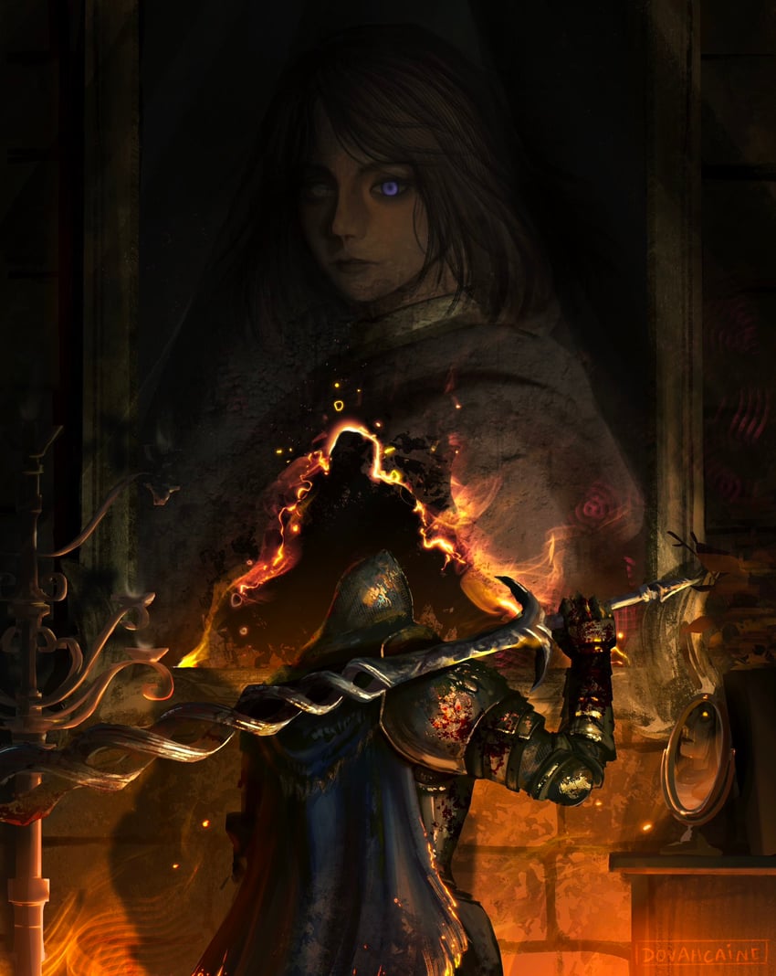 melina, lord of the frenzied flame, and pidge (elden ring) drawn by dovahcaine
