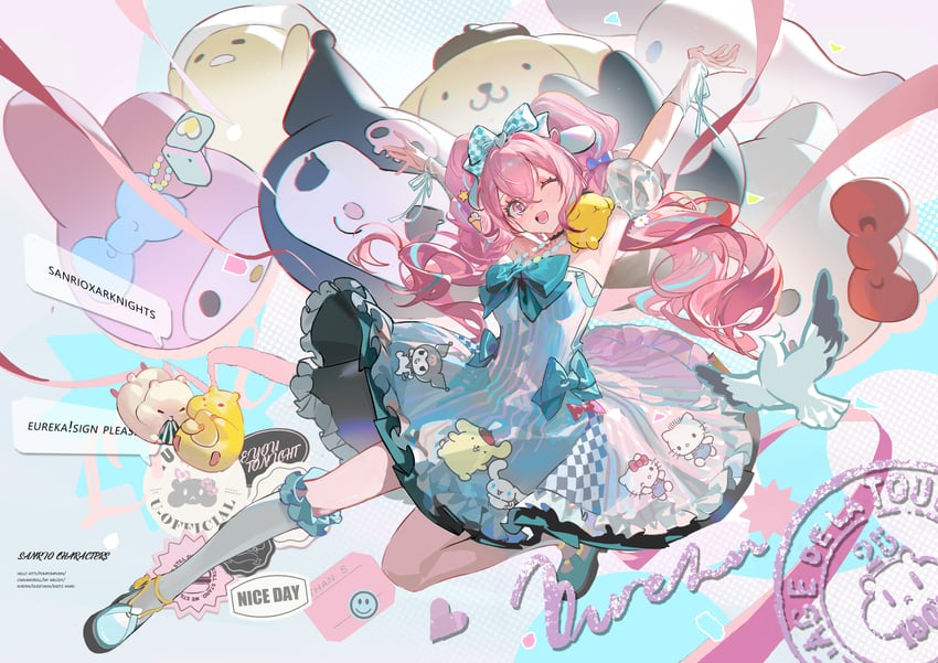 cinnamoroll, hello kitty, my melody, kuromi, pompompurin, and 3 more (arknights and 4 more) drawn by zheshe_jing