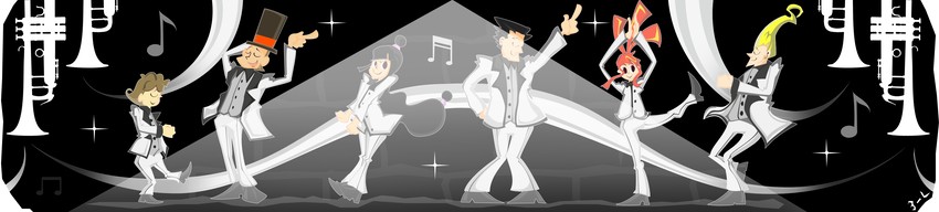 phoenix wright, maya fey, hershel layton, luke triton, sissel, and 1 more (ace attorney and 3 more) drawn by ba-mot