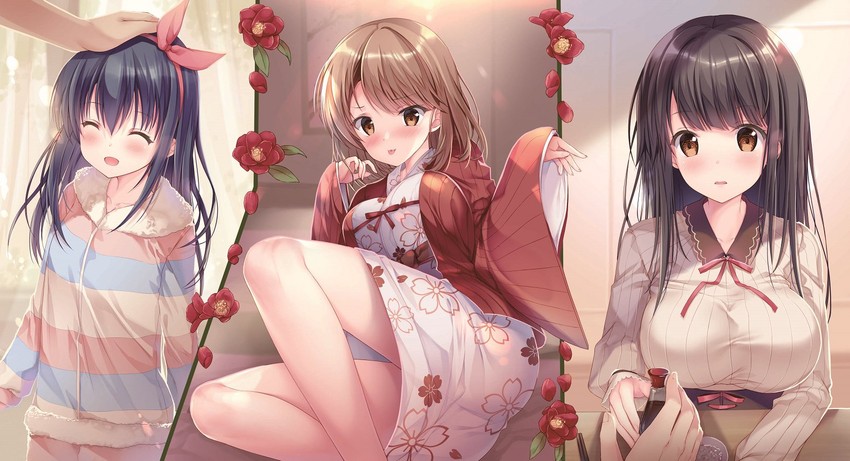 kozakura roka, kozakura iori, and kozakura hakua (sewazuki de kawaii jk 3shimai dattara ouchi de amaete mo ii desuka?) drawn by sousouman