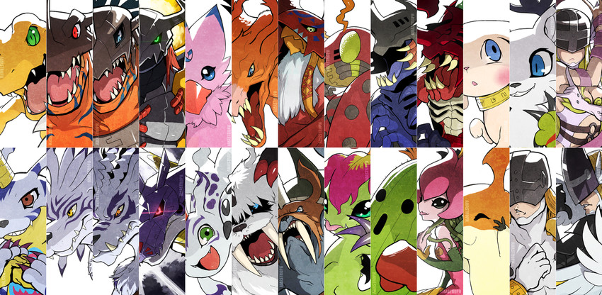 angewomon, tailmon, agumon, patamon, gabumon, and 21 more (digimon and 2 more) drawn by rae_(hexedwithluck)
