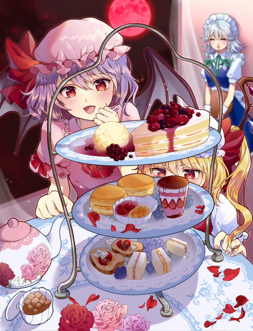 remilia scarlet, flandre scarlet, and izayoi sakuya (touhou) drawn by maruta_(shummylass)