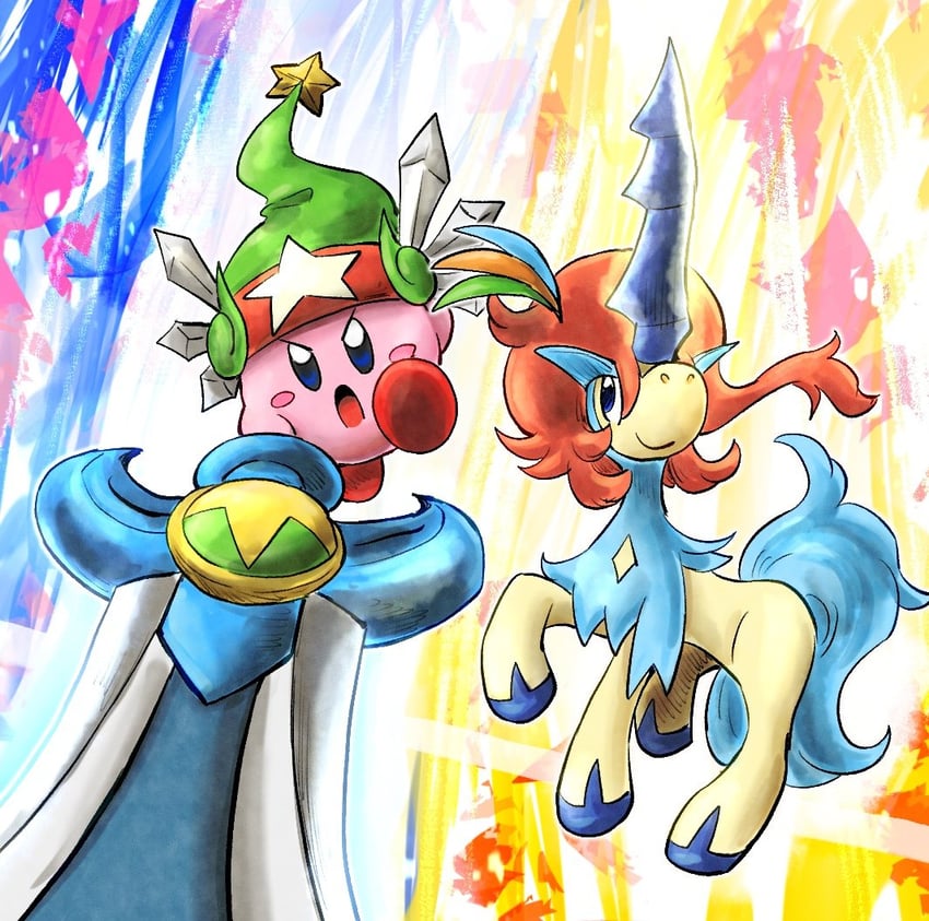 kirby, sword kirby, keldeo, and ultra sword kirby (pokemon and 3 more) drawn by kicdon