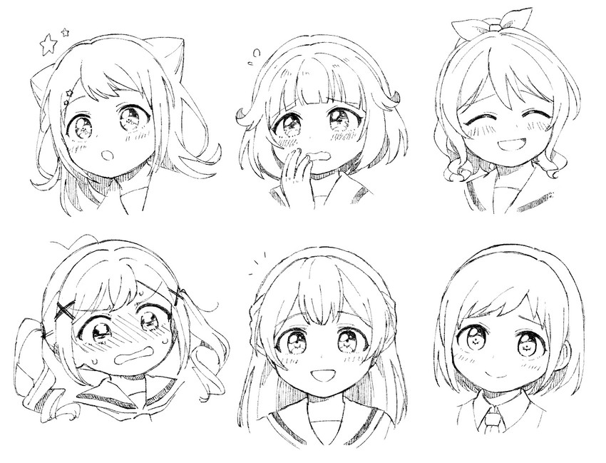 shirasagi chisato, ichigaya arisa, toyama kasumi, hazawa tsugumi, yamabuki saya, and 1 more (bang dream!) drawn by bd_ayknn