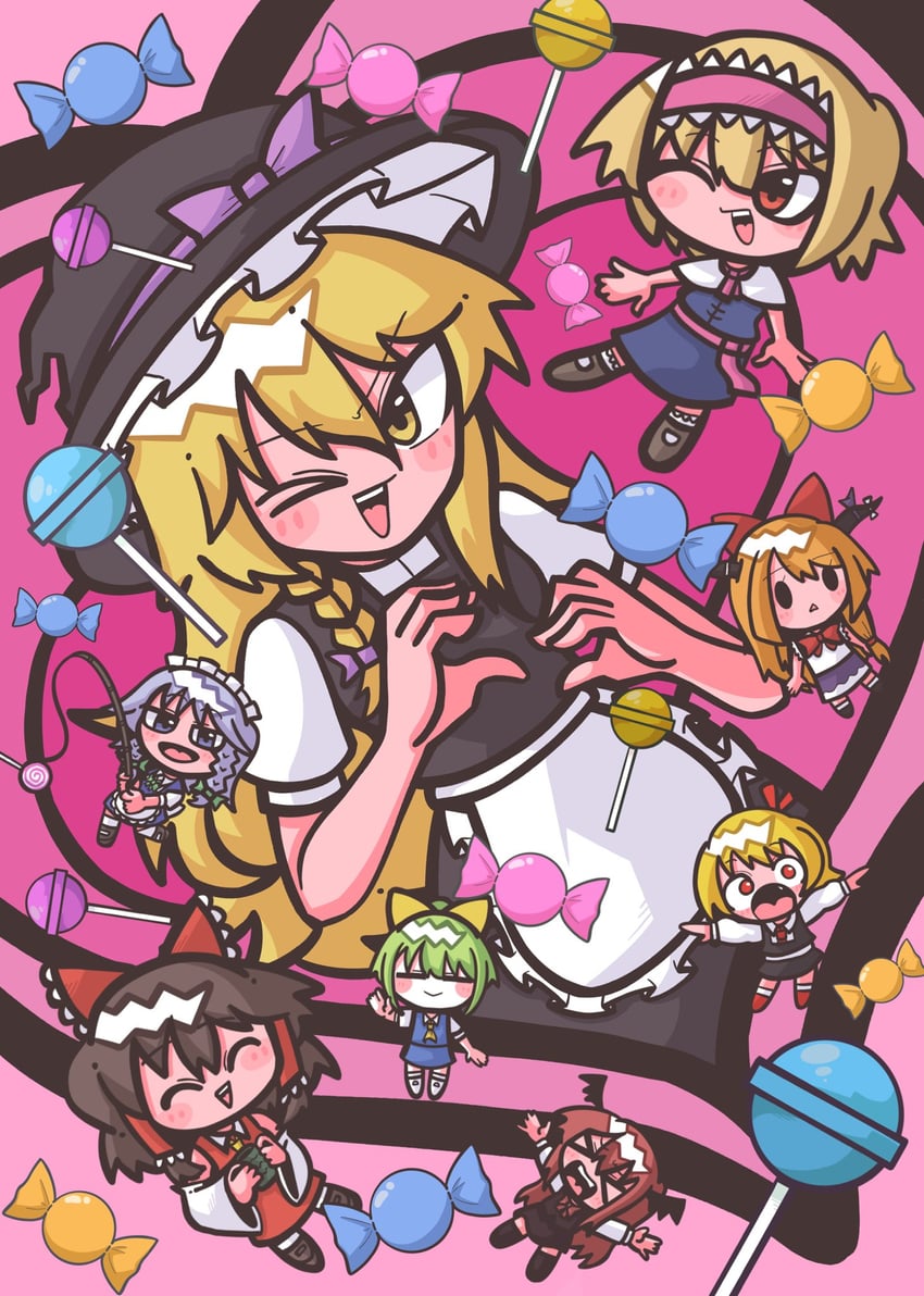 hakurei reimu, kirisame marisa, izayoi sakuya, alice margatroid, rumia, and 11 more (touhou and 1 more) drawn by sznkrs