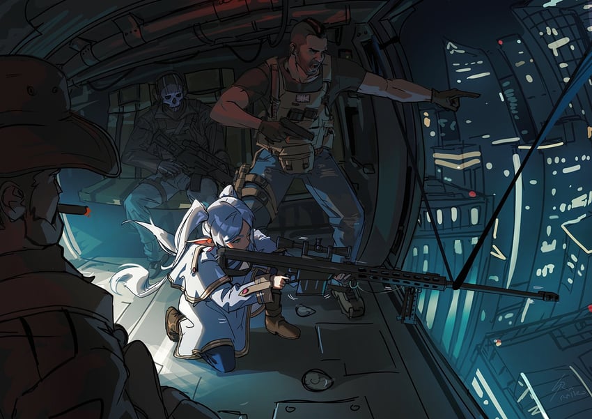 frieren, ghost, soap, and captain price (sousou no frieren and 2 more) drawn by raikoart