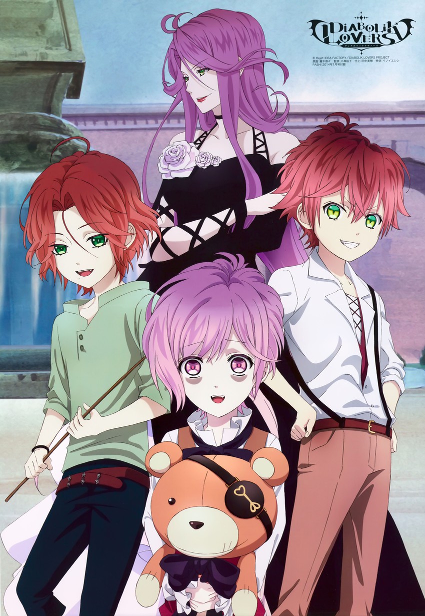 sakamaki ayato, sakamaki kanato, teddy, sakamaki laito, and cordelia (diabolik lovers)