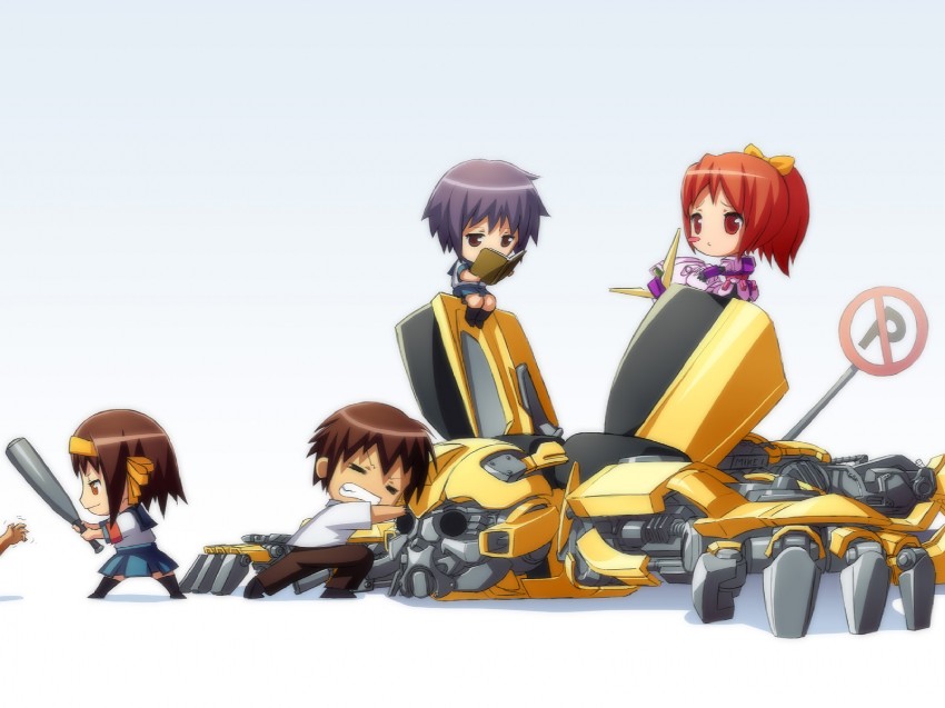 suzumiya haruhi, nagato yuki, asahina mikuru, kyon, and bumblebee (gundam and 2 more) drawn by mike_inel