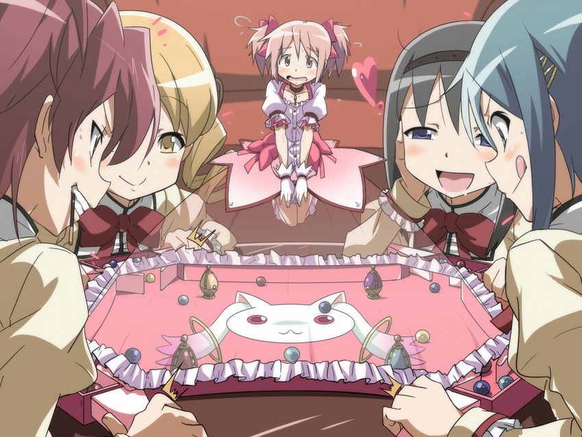 akemi homura, kaname madoka, miki sayaka, sakura kyoko, tomoe mami, and 1 more (mahou shoujo madoka magica and 1 more) drawn by kiryu_manzoku