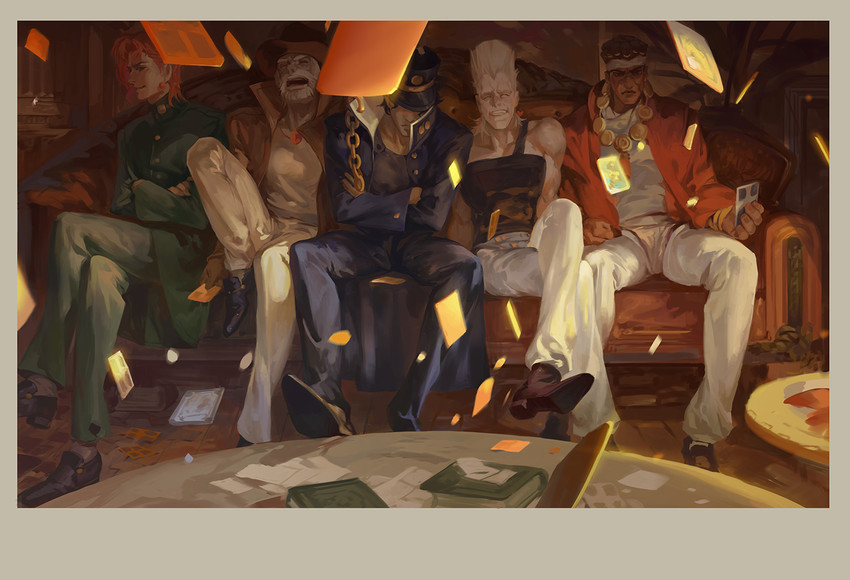 joseph joestar, kujo jotaro, kakyoin noriaki, jean pierre polnareff, and mohammed avdol (jojo no kimyou na bouken and 1 more) drawn by hunsay